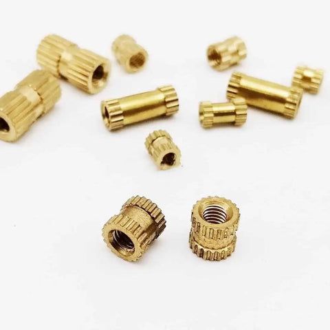 Brass Knurled Insert Nuts Metric Thread For DIY Projects Plus 25pc Assortment M2.5 M3 different sizes arranged on white background.