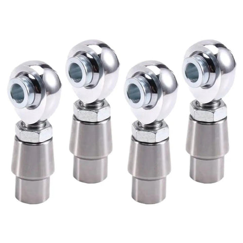 Shop Grade Eight Piece 5/8 Inch 18 Thread heim Joint Rod End Kit With Left And Right Hand Threads Featuring Heavy Duty Spacers Tube Adapters And Jam Nuts For Custom Builds - close-up of chrome heim joints.