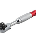 Compact Socket Wrench Set Featuring 72 Tooth Quick Swing Ratchet, chrome finish, red accent, designed for tight engine bays.
