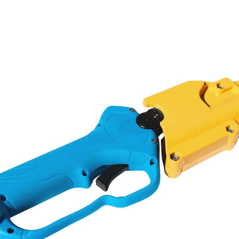 Top Notch Long Reach Cordless Pruner With Sixty Four Inch Pole And Smooth Operator Slicing Power For No Sweat Orchard Trimming And Backyard Garden Cleanup Sessions, blue and yellow handle close-up.