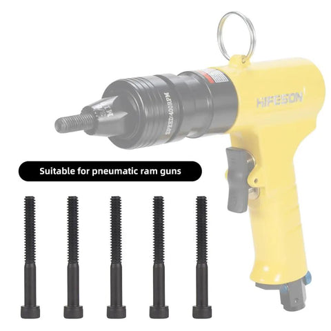 Built Tough Ten Pack 10-24 Thread Replacement Mandrels For Rivet Nut Guns Heavy Duty Hardened Steel Tool Tips, six black mandrels with pneumatic tool.