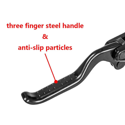 Close-up of HB770 Hydraulic Disc Brakes steel handle with three-finger grip and anti-slip particles for safe biking