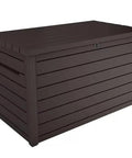 XXL 230 Gallon Outdoor Deck Storage Box With Weather Resistant Resin And Lockable Piston Lid in dark wood-like finish