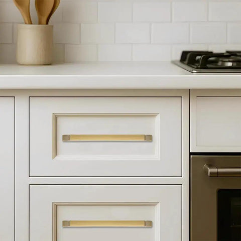 Kickass Zinc Alloy Cabinet Pulls Featuring Slick Brushed Gold Finish For Kitchen Drawers And Bathroom Vanities on white cabinets