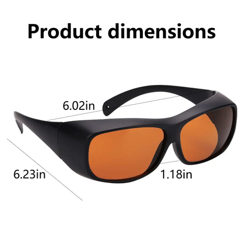 Professional Grade Kickass Laser Safety Glasses With Hella Od5 Plus Eye Defense Across One Hundred Ninety To Eleven Hundred Nanometer Wavelength Range For Spa Studios And Beauty Clinics In Classic Orange Lens dimensions shown