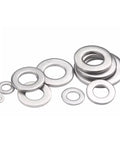 Top Notch M4 Cheese Head Machine Screws With Slotted Heads Paired With Flat Washers And Hex Nuts assortment of stainless steel washers.