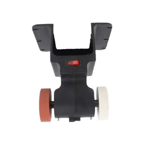 Top view of a Cordless Mini Bench Grinder Compatible With 18V Battery Power, featuring a power switch and dual grind wheels.
