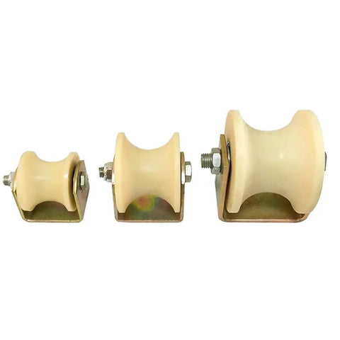 Badass Heavy Duty U Shaped Nylon Track Wheels With Slick Rolling Screw Bearings And Rock Solid Guide Pulleys For DIY Sliding Doors And Custom Project Frames - three sizes of nylon track wheels on metal mounts.