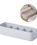 3 Piece Stackable Storage Box Set With Dividers For Bras And Leggings Multi Compartment Drawer Organizer Bin For Underwear Socks Plus Neck Ties in grey plastic.