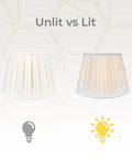 Unlit and lit Empire English Pleat Lamp Shade In White, 10.5 x 16 x 11, Hand Tailored Silk-Type Shantung Fabric on display.