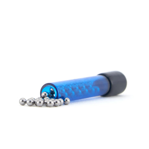 Rock Solid 2.8 mm 304 Stainless Steel Bearing Balls 50 Pack Precision Ground in a blue container with spill.