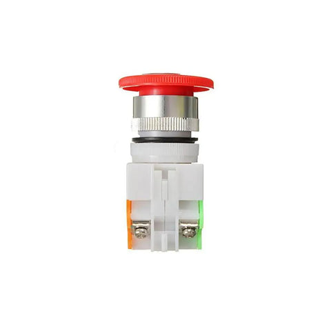 Heavy Duty Emergency Stop Push Button Switch With Bold Red Mushroom Cap And No Sweat Twist Reset Design Boss Level Build For Demanding Floor Jobs And Smooth Electromagnetic Control Panels Rated At AC 600 Volt, showing top view angle.