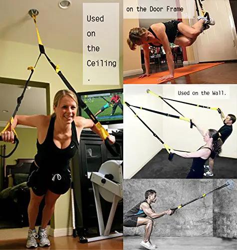 Heavy Duty Wall And Ceiling Mount Bracket For Gym Suspension Straps And Battle Ropes With 850 Lb Load Rating in use on ceiling, wall, and door frame.