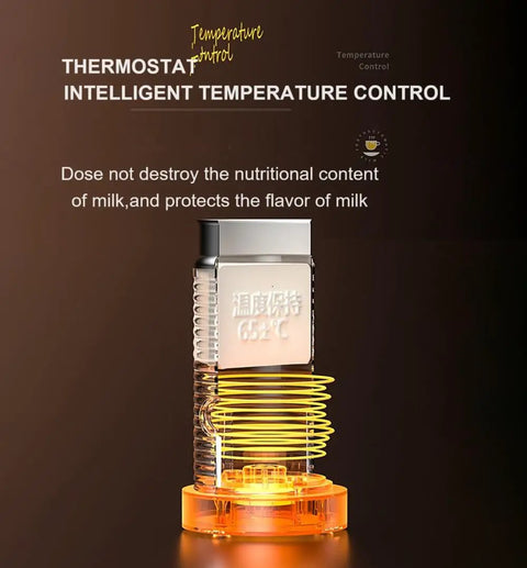 Intelligent temperature control for fully automatic milk frother, preserving milk nutrients and flavor. Thermostat visible.