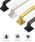 Three types of Top Notch Gold Cabinet Pulls For Modern Kitchens: brushed brass, silver, and black with a square base.