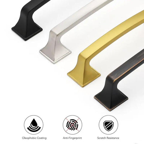 Three types of Top Notch Gold Cabinet Pulls For Modern Kitchens: brushed brass, silver, and black with a square base.