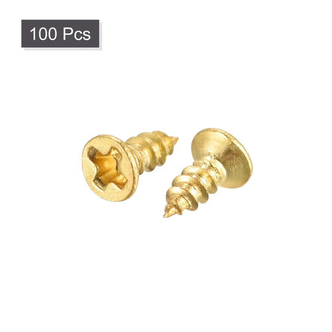 Top Shelf Brass Wood Screws M2x5mm 100 Pack Phillips Flat Head Self Tapping, showing a close-up of two rust resistant screws.