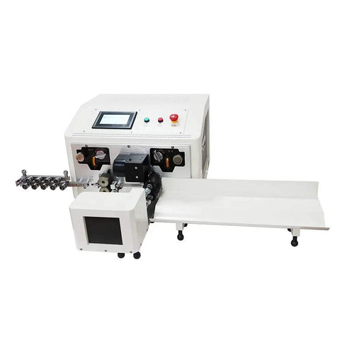 Top Tier Automatic Dual Line Wire Cutting Stripping Machine Featuring Smooth Operator Touch Panel Computerized Cable Processor.