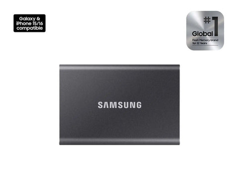 T7 Portable SSD 1TB External Solid State Drive With USB 3.2 Gen 2 For Lightning Fast Transfers Durable For Gaming Students And Pros On The Go Plug And Play Storage That Keeps Your Files Safe And Ready, shown in compact aluminum design