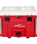 Front view of PACKOUT 40QT XL Cooler Box with impact resistant polymer body and modular connectivity in red and white.
