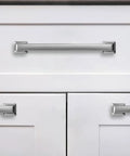 Brushed Satin Nickel Cabinet Pulls 20 Pack 3-3/4 Inch Hole Centers Straight Bar Handles installed on white cabinets, kitchen hardware.