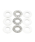 Rock Solid Inch Thrust Needle Roller Bearing Five Piece Set With Two Matching Washers Pre Lubricated For Smooth Hydraulic Cylinder Spin And Heavy Duty Forging Press Work with washers and bearings arranged.