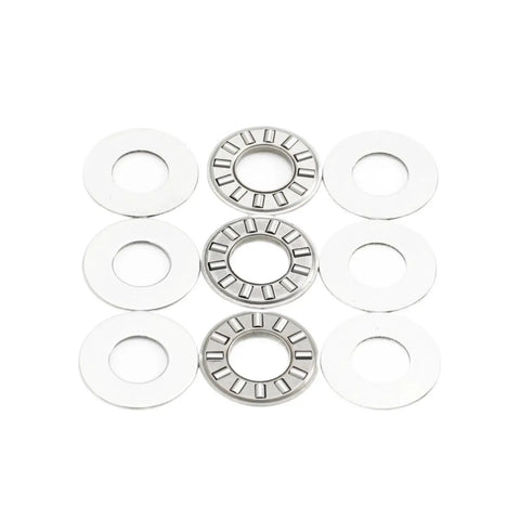 Rock Solid Inch Thrust Needle Roller Bearing Five Piece Set With Two Matching Washers Pre Lubricated For Smooth Hydraulic Cylinder Spin And Heavy Duty Forging Press Work with washers and bearings arranged.