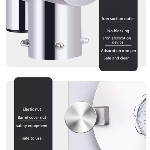 Stainless steel components and safety features of Powerful 1500W Electric Grain Mill Stainless Steel High Speed Grinder For Grains, Herbs, Maize And Spices With Adjustable Mesh 50 To 300.