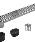 24 Inch Offset Side Outlet Linear Shower Drain In Slick Brushed Stainless Steel Rectangle Design with accessories and adjustable feet.