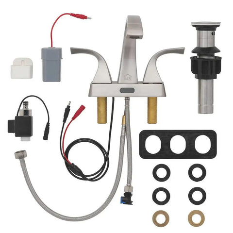 Touchless Two Handle 4 Inch Centerset Brushed Nickel Bathroom Faucet With Motion Sensor No Touch Operation 1.2 GPM Water Saving Flow Ceramic Cartridges Includes Push Pop Up Drain Easy Install components displayed.