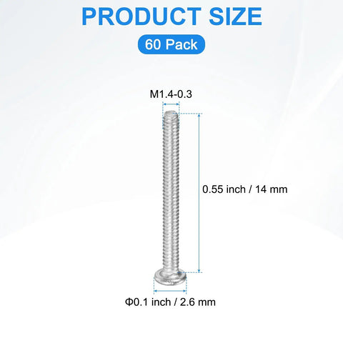 No Fuss Flat Head Machine Screws M1.4X14MM 304 Stainless Steel Phillips Drive with dimensions for precision tech builds.