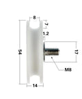 10 Pack U Groove Roller Track Guide Wheel 10 X 54 X 14mm Nylon Pulley Assembly with M8 Screw detailed side view and dimensions.