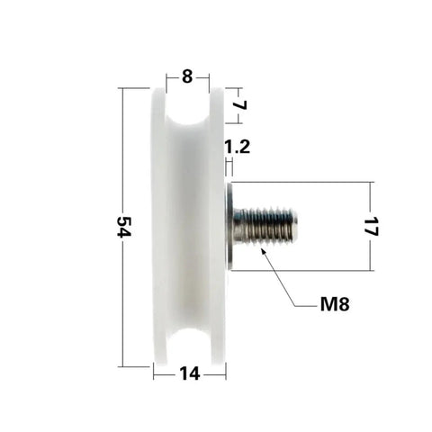 10 Pack U Groove Roller Track Guide Wheel 10 X 54 X 14mm Nylon Pulley Assembly with M8 Screw detailed side view and dimensions.