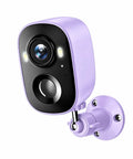 2K Ultra Hd Wireless Outdoor Security Camera Rechargeable Battery Smart Pir Motion Detection No Sweat WireFree Setup Keeps Your Crib Safe And Sound Lavender Purple mounted on a wall.
