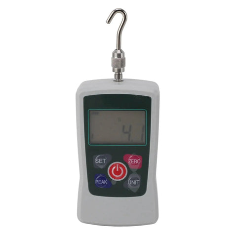 Professional Grade Mini Digital Force Gauge with display and hook, measures 50 to 500 N for push pull testing.