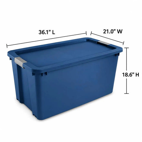 Massive 45 Gallon Rolling Storage Tote With Easy Glide Wheels To Tackle Heavy Hauling Tasks Without Breaking A Sweat Plus Stackable Design For Sweet Organization Solutions In Blue, showing dimensions 36.1" L x 21.0" W x 18.6" H.