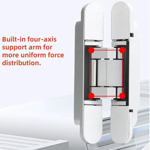 Heavy Duty 6 Inch Hidden Door Hinges 180 Degree Flush Mount Concealed Butt Hinge showing built-in four-axis support arm for stability.