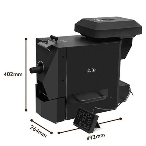 Pro Level Commercial Electric Coffee Bean Roaster Featuring Automatic Controls 3 Custom Baking Curves Built In Smoke Filter And Fast Roller Heating For Flavors That Hit Different Every Single Batch Without Mess, black design with control panel.