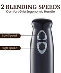 500W immersion hand blender detail showing two blending speeds and ergonomic matte black grip for effortless use.