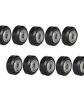 10 Piece Black Plastic V Groove Ball Bearing Wheels For 3D Printer arranged in two rows, showcasing smooth roller design.