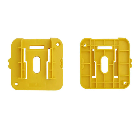 Two yellow ABS plastic battery holder mounts for cordless tools, designed for easy workshop organization.