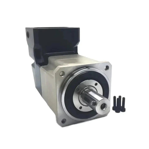 Badass Right Angle Planetary Gearbox Built With Tough Helical Gears Designed For Nema 17 And 23 Stepper Motors Rolling Out Heavy Duty Torque At A Crisp 30 To 1 Precision Reducer Setup, silver and black gear motor with bolts.