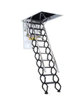 Motorized Pull Down Attic Ladder Folding Retractable Loft Staircase With Heavy Duty Carbon Steel Build Hella Stable Non Slip Treads, in ceiling position.