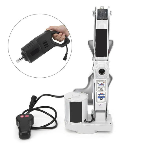 Heavy Duty Electric Floor Jack And Snappy Impact Wrench Tire Lifting Set For Fast Car Care showing electric jack and wrench.