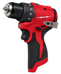 Subcompact Cordless Impact Drill Driver With Brushless Motor And 3 8 Inch Steel Chuck displaying a red ergonomic handle and metal chuck.
