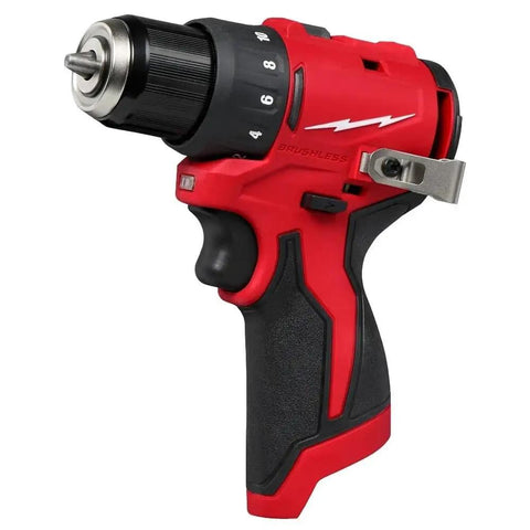 Subcompact Cordless Impact Drill Driver With Brushless Motor And 3 8 Inch Steel Chuck displaying a red ergonomic handle and metal chuck.