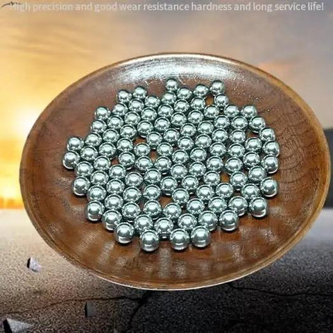 Heavy Duty 17mm Precision Bearing Balls 10 Pack G10 Tolerance Badass Steel Spheres arranged in a wooden bowl.