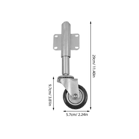 Heavy Duty Metal Gate Roller Wheel Featuring Shock Absorbing Casters For A Slick Outdoor Yard Fence Glide And No Fuss Gate Support Replacement Hardware Upgrade, shown from the front with measurements.