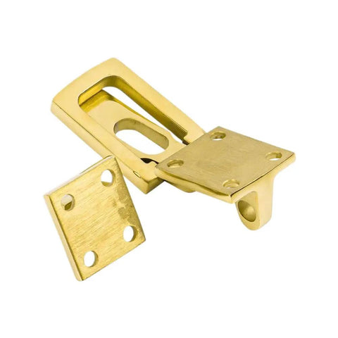 Heavy Duty 316 Marine Grade Stainless Steel Anti Rattle Clamp Latch Brass Plated Secure Boat Locker Door Catch Hardware Tough As Nails Finish No More Shake Loose Parts Ever, showing latch and mounting plate.