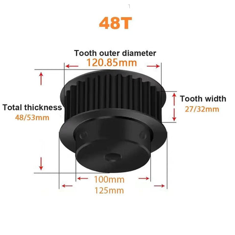 Rock Solid 8M Timing Pulley Featuring 48 Teeth Built Rock Hard From 45 Steel Boasts A Ten To Thirty Millimeter Bore And Twenty Five Millimeter Width, side view showing dimensions.